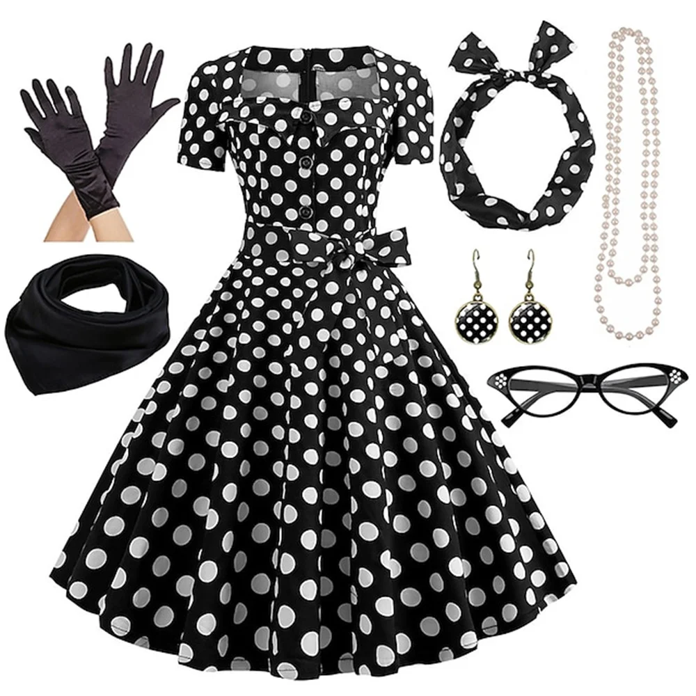 5 color Women's A-Line Swing Dress with Accessory 1950s 60s Hepburn Retro Party Dresses Halloween Xmas Evening Cocktail Costume