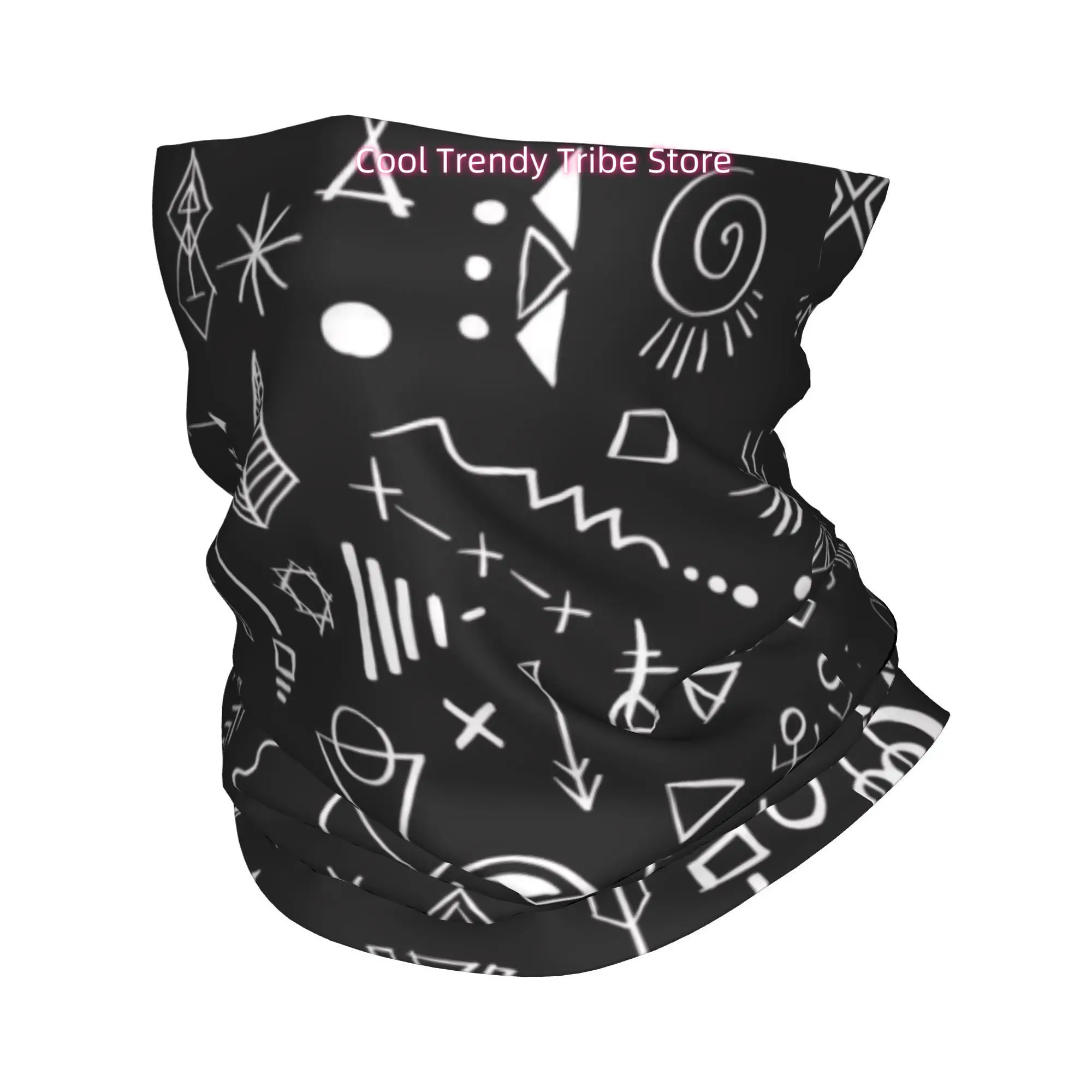 Women' Boho Tribal Headscarf & Hair Wrap - Minimalist Retro Bandana with White on Black Geometric Boho Floral Patterns, Machine