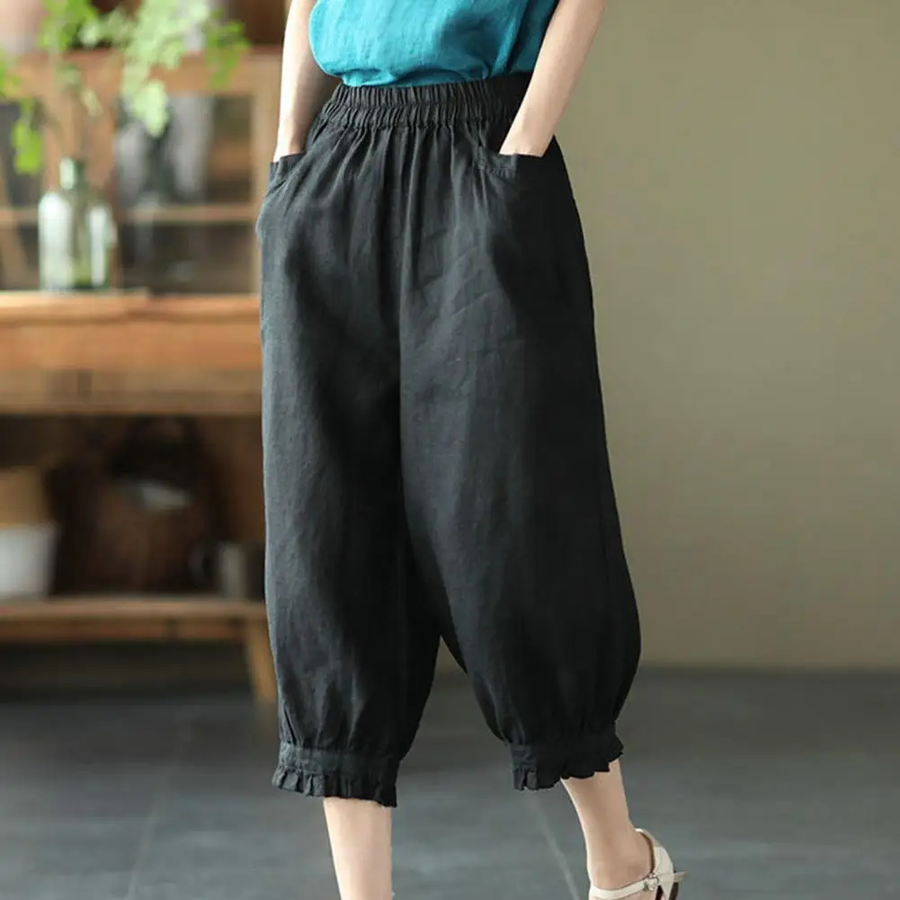 Elastic Waist Pants Retro Casual Women's Harem Pants with High Elastic Waist Soft Breathable Fabric Mid-calf Length for Summer