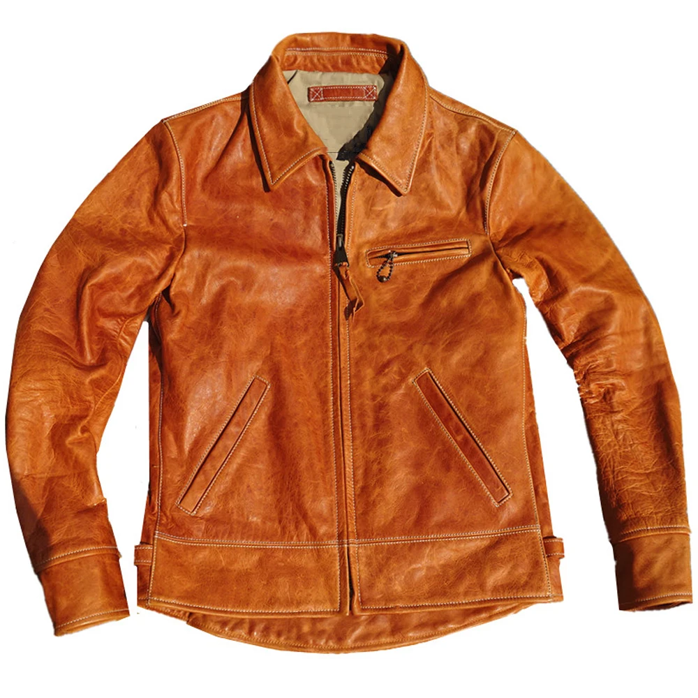 

Japanese Vintage 5XL HorseSkin Leather Dress Coat For Man High Quality Motorcycle Mens Jackets Genuine Leather Overcoat Orange