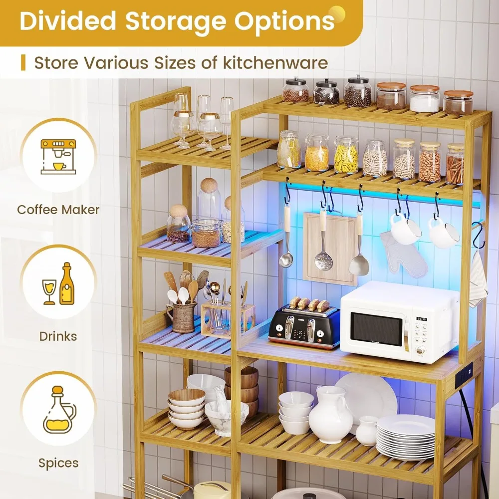 Bakers Rack with Power Outlet, Coffee Bar, 10-Tier Kitchen Shelves with 8 Hooks, Microwave Stand Kitchen Rack Freestanding Utili