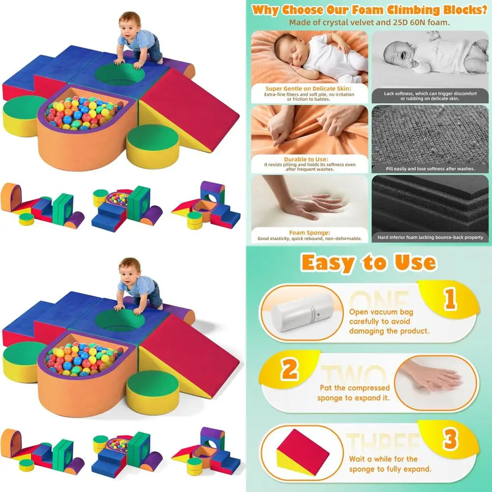 

Soft Velvet Foam Climbing Blocks Set for 1-3 Year Olds, Indoor Toddler Play with Crawling and Sliding Features (Balls Not Includ