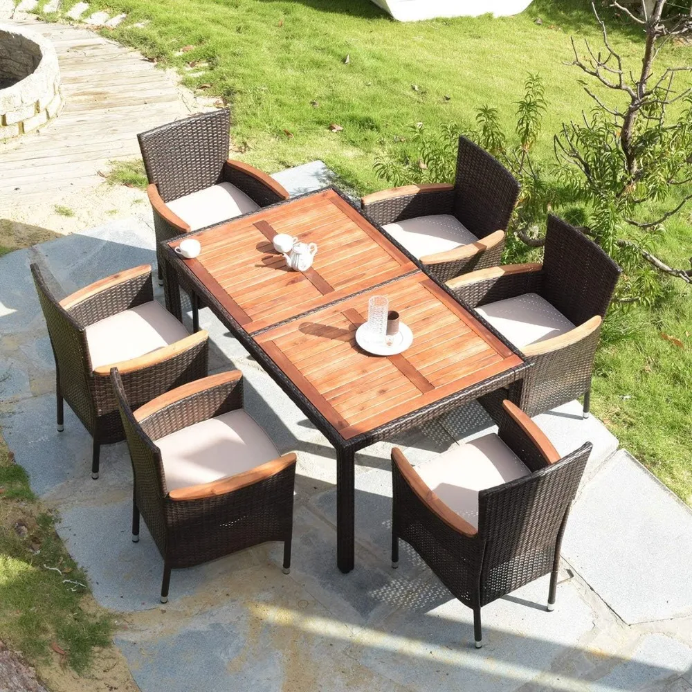 7 Piece Outdoor Patio Dining Set with Acacia Wood Table Top, Polyester Wicker Dining Table and Chair Set (Brown)