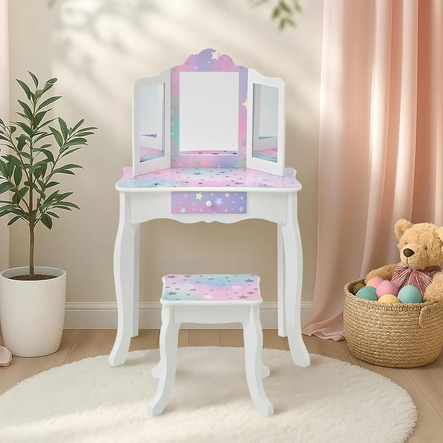 Set Meja Rias Anak dengan Cermin & Bangku, Meja Rias Kayu dengan Laci, Motif Bintang Putih