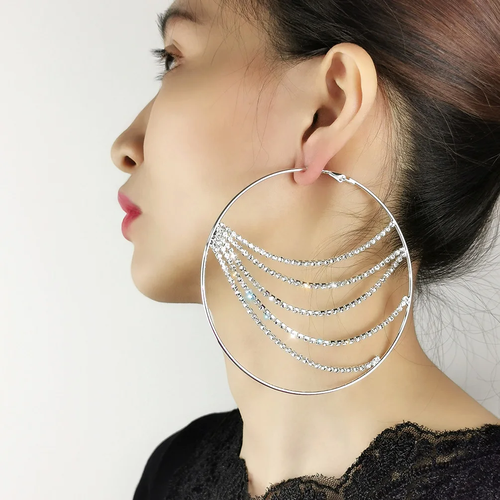 Fashion Big Silver Color Hoop Earrings For Women Rhinetsones Chains Dangle Earrings 100mm Circle Statement Party Wedding Jewelry