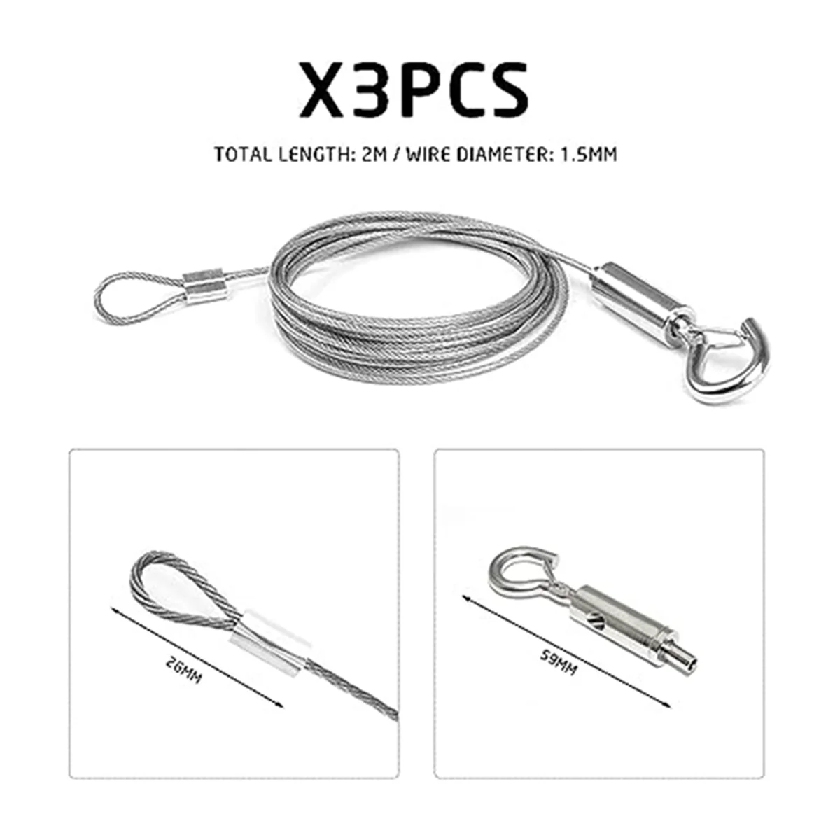 3 Stainless Steel Adjustable Lanyards Clothesline with Hooks Hanging Line for Picture Frame Planter(Single Hook)