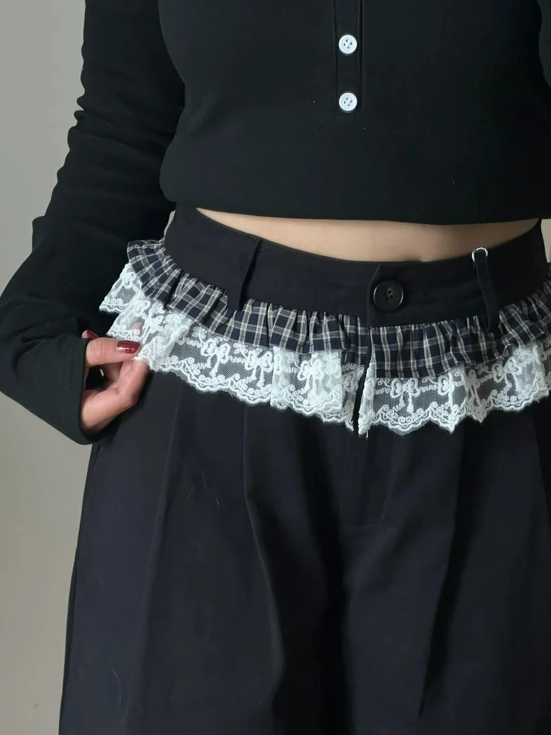 

High Waist Straight Leg Plaid Lace Trim Patchwork Casual Pants Women Summer Black Suit Wide Leg Pants Comfortable Loose Fit