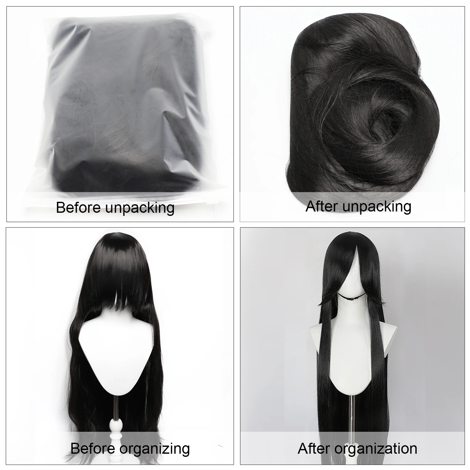Synthetic Long Black Straight Wig with Bangs, 40 Inch