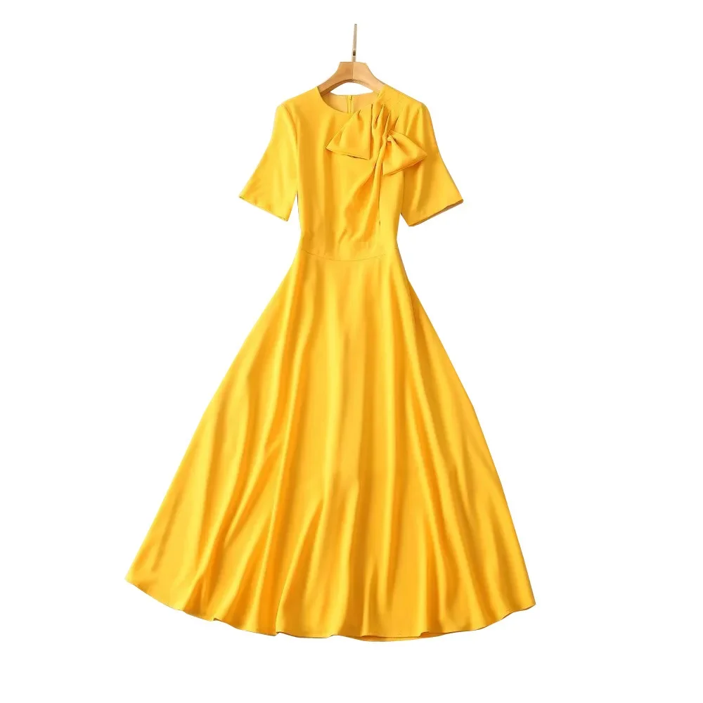 كيت ميدلتون رائجة البيع لموسم ربيع جديد المرأة جولة الرقبة قصيرة الأكمام فستان أصفر فراشة عقدة الخصر Cinching الركبة