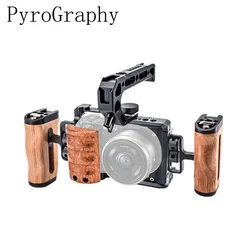 PyroGraphy ZV-E10 Cage Kit Handheld Shooting Kit with Full Cage Built-in Rosewood Hand Grip Top&Side Handle Grip for Sony ZV-E10