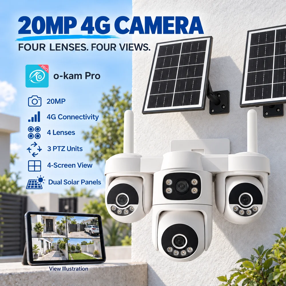 `20MP 4 Lens 4 Screen 4G Solar Security Camera Outdoor PTZ CCTV AI Auto Tracking 10X Zoom Wireless WiFi IP Surveillance`