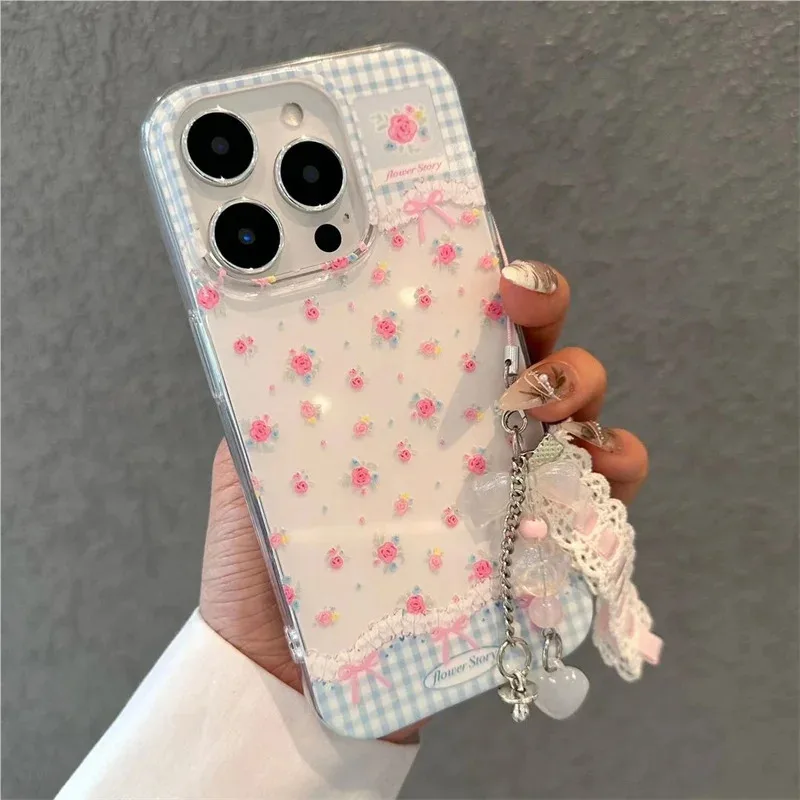 

Crystal transparent white light blue checkered small floral phone case with chain for iPhone 11 12 13 14 15 16 pro max