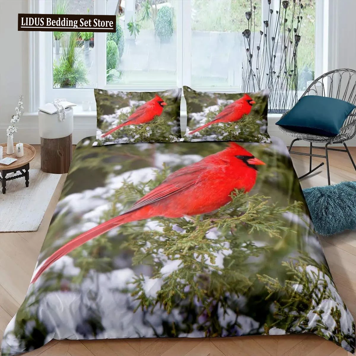 Cardinal Duvet Cover Set Red Bird Bedding Set For Child Youth Pine Tree Comforter Cover Animal Snow King Size Soft Quilt Cover