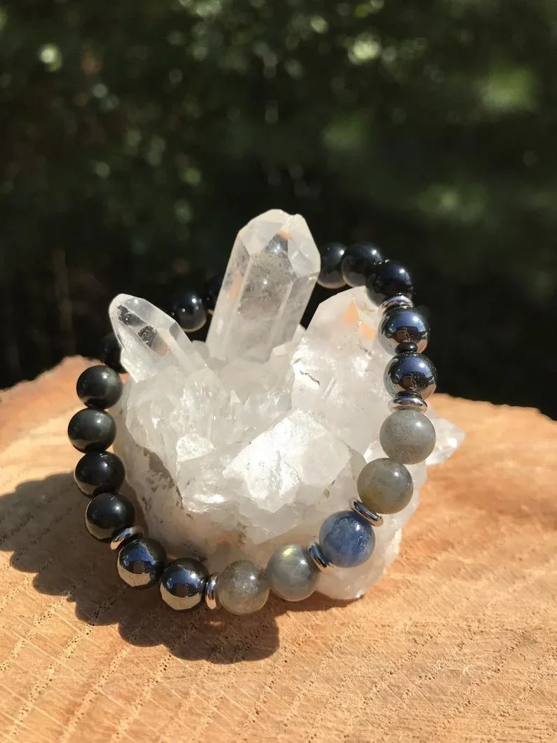 Negative Energy Protection Bracelet  Blue Kyanite Hematite Labradorite Black Tourmaline  Aura Shield  Grounding  Stress