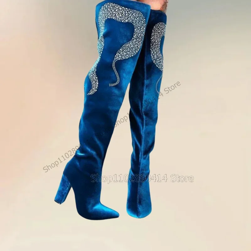 

Blue Corduroy Rhinestone Decor Pointed Toe Boots Side Zipper Women Shoes Chunky High Heels New Fashion 2023 Zapatos Para Mujere