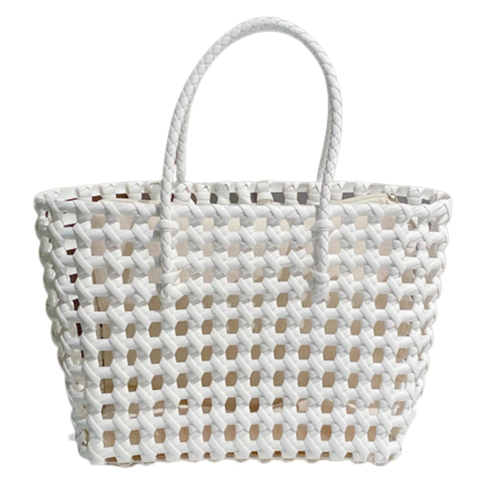 Women Summer Casual Plastic Large Capacity Woven Beach Purse Travel Shopping Basket Shoulder Bag(White with