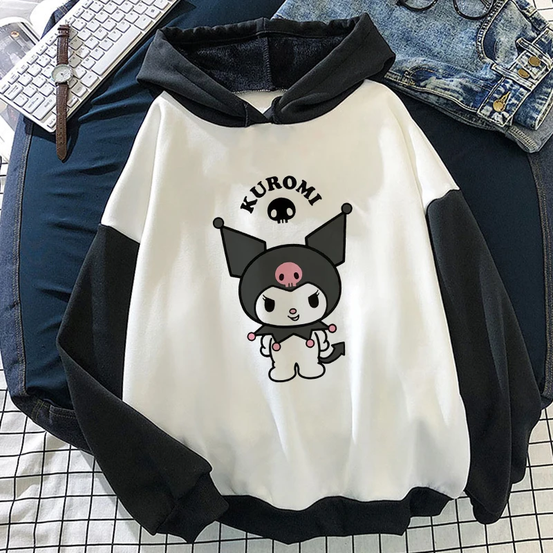 

Autumn Winter Vintage Cartoon Kuromi Print Women Loose-fitting Hoodies Schoolgirl Patchwork Sweatshirt Pullover Hoodies Women