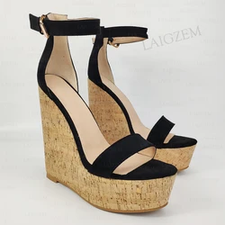 ZHIMA Women Sandals Platform Wedges Ankle Strap Open Toe Faux Suede Cork Print Party Ladies Shoes Woman Big Size 41 45 48 52