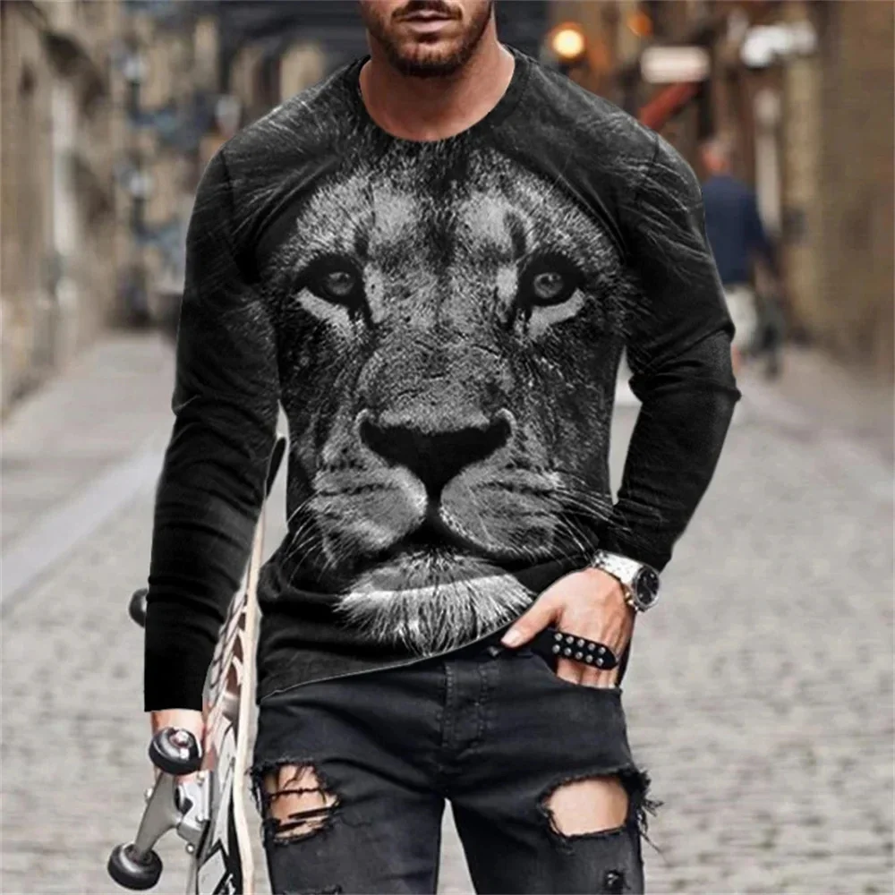 Men Polyester 3D Print Lion Wolf Crown Beast Portrait Graphic Long Sleeve T-shirt Crew Neck Cool Animal Casual Tops