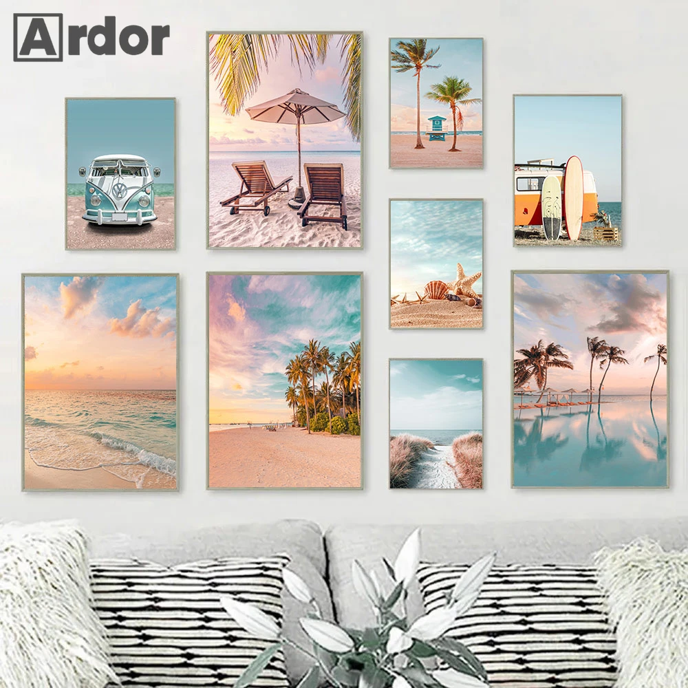 

Пляжная Картина на холсте с пальмами, постер на автомобиль и доску для серфинга, морской пейзаж, художественные принты, постеры с морскими звездами, настенные картины в скандинавском стиле, домашний декор