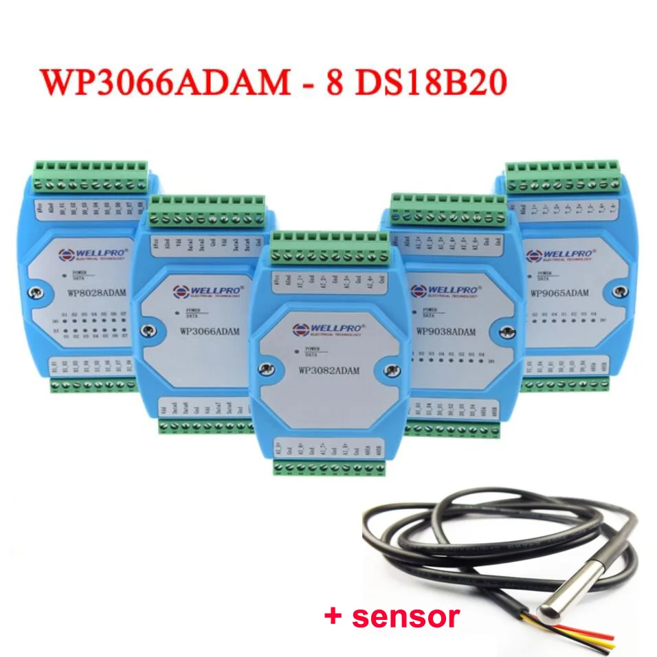 8 canais temperatura entrada sensor, módulo DS18B20, RS485, RTU, MODBUS, WP3066ADAM