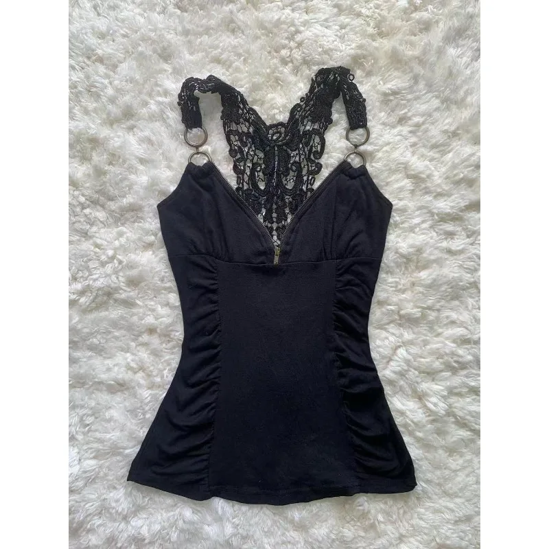 

Retro Slim Hottie Camisole American Subculture Lace Patchwork Halter Vest Sexy V-neck Zipper Tanks Women Y2K Aesthetic Chic Tops