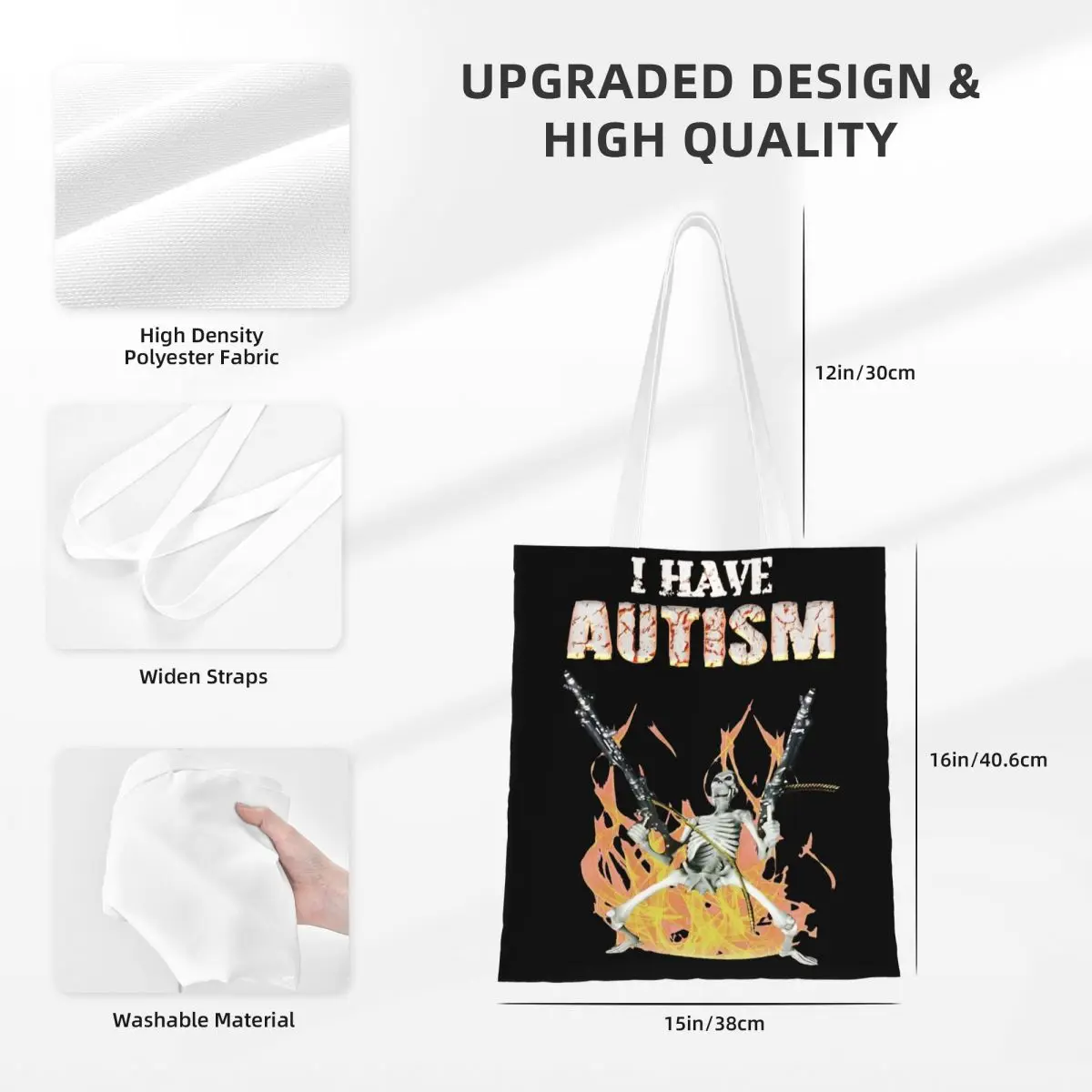 I Have Autism Funny Skull Skeleton Meme Canvas Tote Bag Trendy Large Capacity Shopping Bag for Unisex Adhd Autistic Student Bags