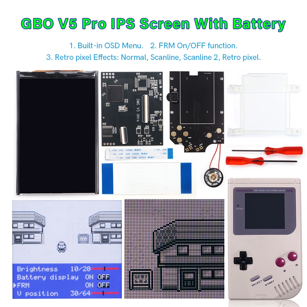 

8 Color Modes V5 Pro Gameboy DMG IPS High Brightness Backlight LCD Screen Built-in OSD FRM Menu With IPS Housing Shell Sets