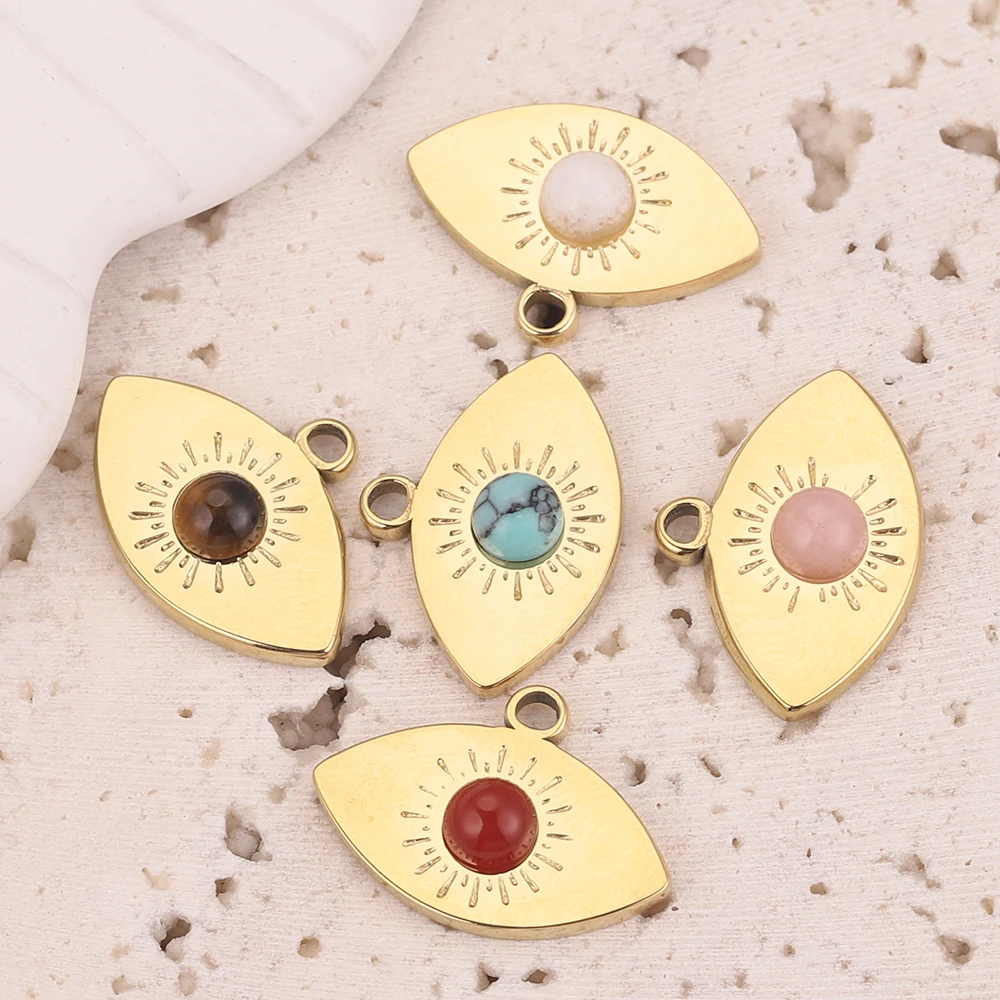 4pcs 14*20mm Turkey Eye Stainless Steel Charms Natural Stone oval Emission Sun Pendants for DIY Earring Necklace Making Oval