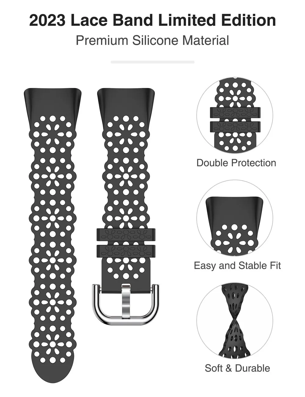 Wearlizer Lace Silicone Band for Fitbit Charge 6/Fitbit Charge 5 Women Leisure Sport Solo Loop Strap for Charge 6/Charge 5