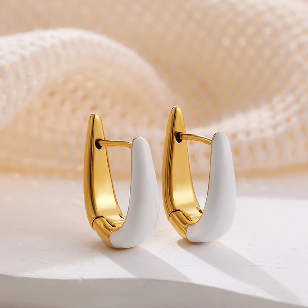 New Charm Gold Plated U Shape Hoop Earrings White Enamel Geometric Ear Hoops Female Daily Versatile Jewelry Drip Oil Design