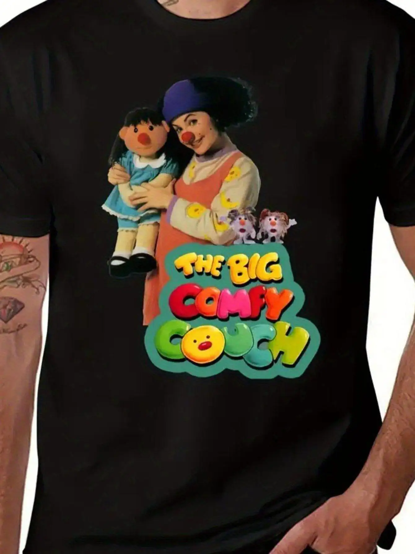 2026 Men'S The Big Comfy Couch Graphic T-Shirt - Soft 100% Cotton Black Tee with Vibrant Cartoon Print, Casual Round Neck Short