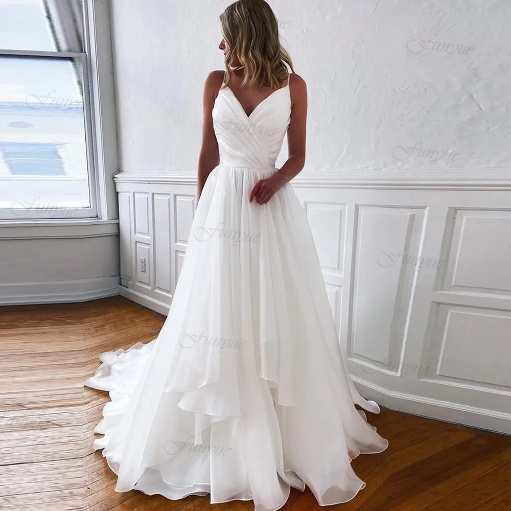 

A-Line V-neck Sweep Train Wedding Dresses With Ruffles Spaghetti Straps Simple Bridal Gowns for Bride Vestido De Novia