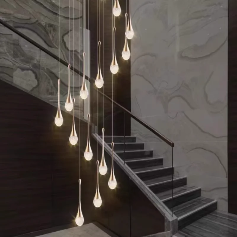 Post modern light luxury stairwell water drop chandelier modern simple villa living room pick empty rotating crystal light