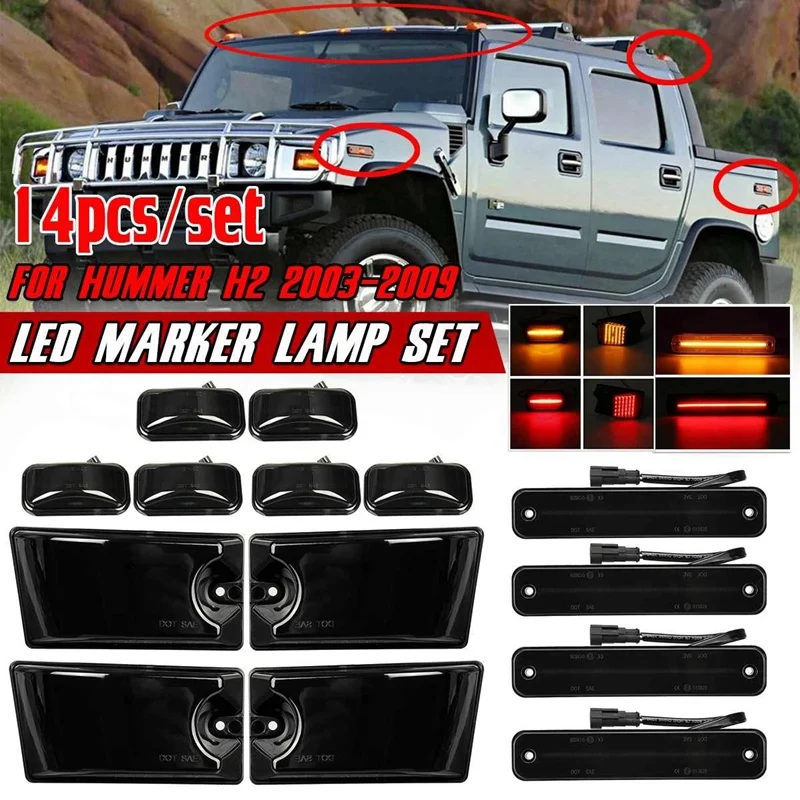 

14X LED Side Marker Turn Signal Lights Kit For Hummer H2 2003-2009 Side Marker Repeater Cab Roof Light Lamp