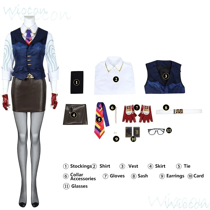 Weibliche Kammer Vincent Stoff Cosplay Spiel Valorant Cos Kostüm Requisiten sexy Kleid Anzug Hemd Handschuhe Brille Party spielen für Frauen