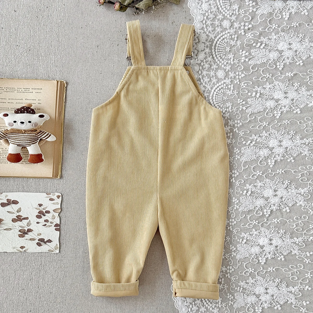 Spring Autumn Baby Girl Khaki Corduroy Overalls, Toddler Allover Daisy Embroidered Adjustable Strap Long Pants