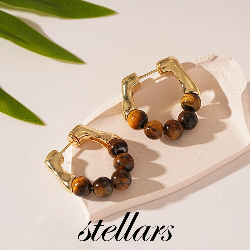 

Imitation Tiger's Eye Bead Geometric Silver Stud Earrings, Real Gold-Plated Vintage High-End Elegant Earrings for Women