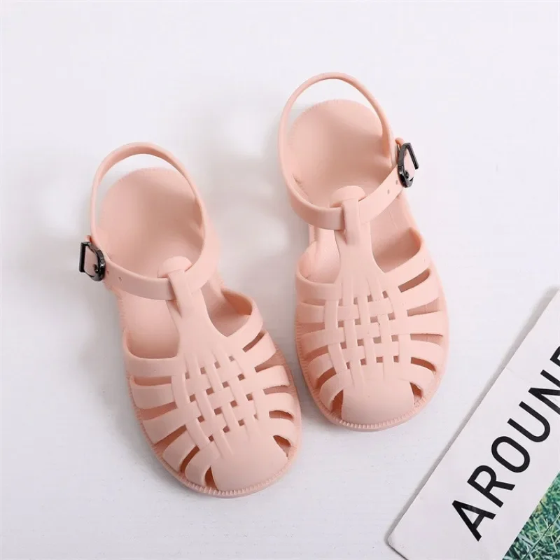 Children's Shoes Solid Color Soft Rubber Toe Hollow Sandals Neutral Summer Flat Bottom Breathable Perforated Shoes Baby Sandals