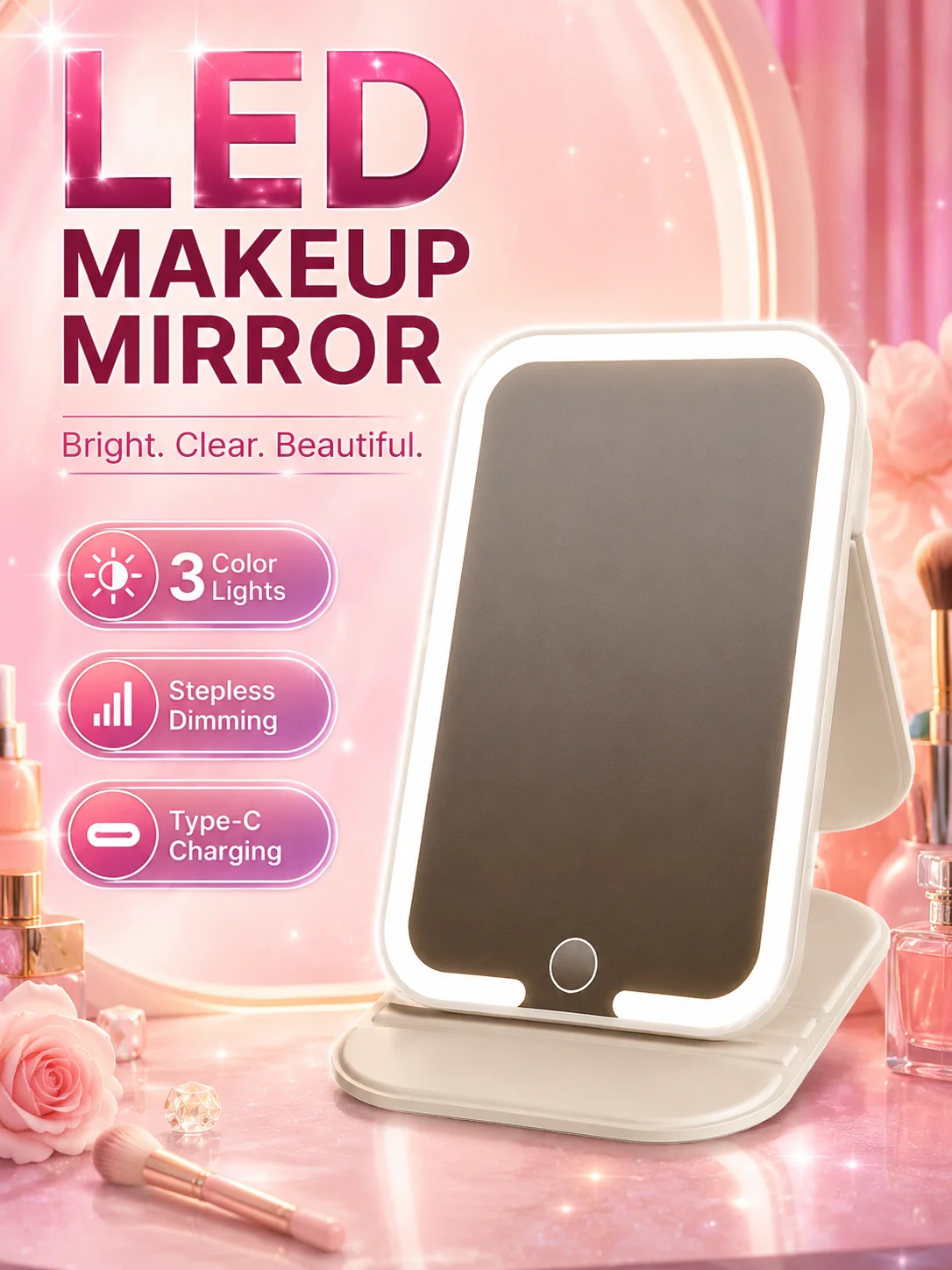 

LED Light Makeup Mirror Portable Folding Makeup Mirror 3-color Stepless Adjustable Light Desktop Makeup Mirror