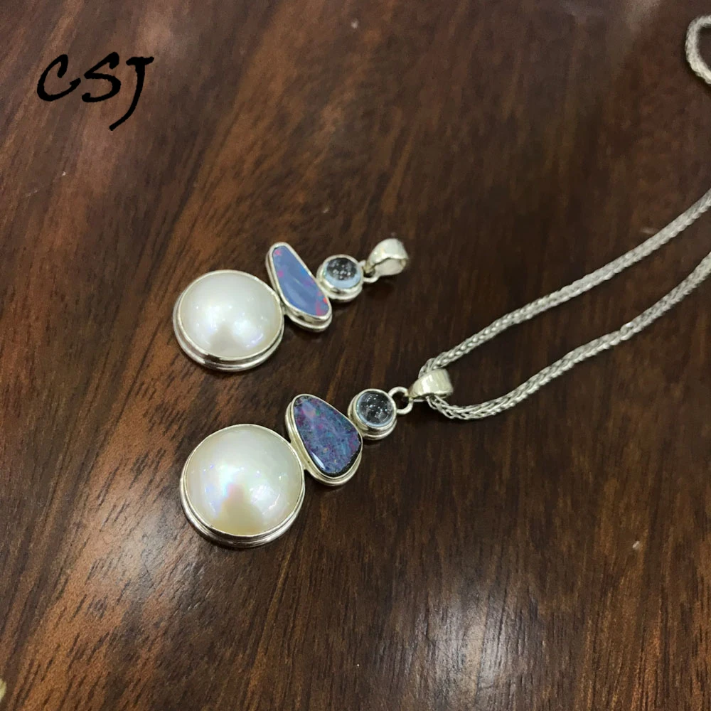 

CSJ Natural Australia Opal Pendant Sterling 925 Silver Mabe Pearl Topaz Necklace for Women Birthday Party Handmade Jewelry Gift