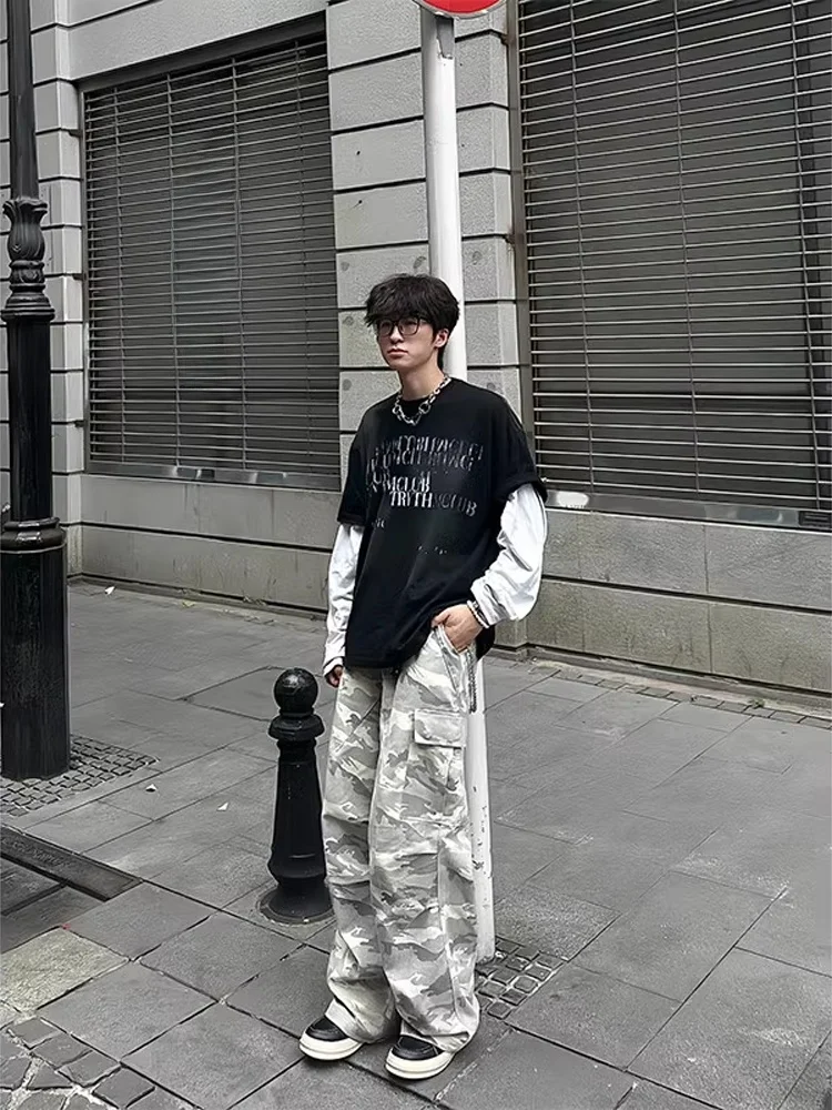 Cleanfit อเมริกัน Retro Camouflage กางเกงผู้ชาย HIPHOP อินเทรนด์ High Street Workwear ตรงกางเกงขายาวลําลอง