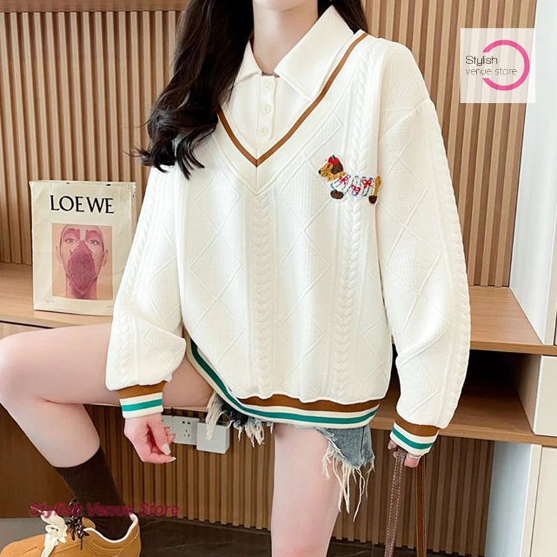 Korean style stitching fake two-piece sweater women's spring and autumn cartoon loose western design embroidered polo collar top