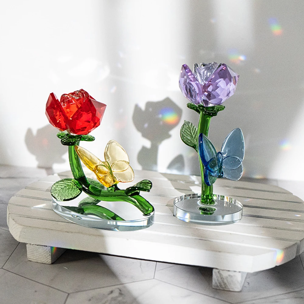 

Crystal Rose Flower Figurines with Butterfly Beautiful Handmade Glass Rose Flower Gifts for Valentine's Day Mothers Day Birthday