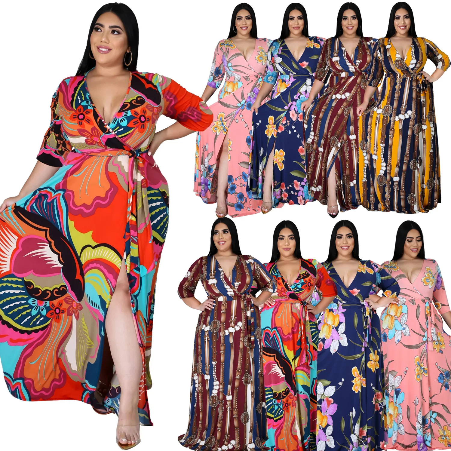 HAOOHU-Vestidos largos de talla grande para mujer, ropa Bohemia Floral, elegante, para fiesta, graduación, boda, informal, estampado grande, Otoño, 5XL