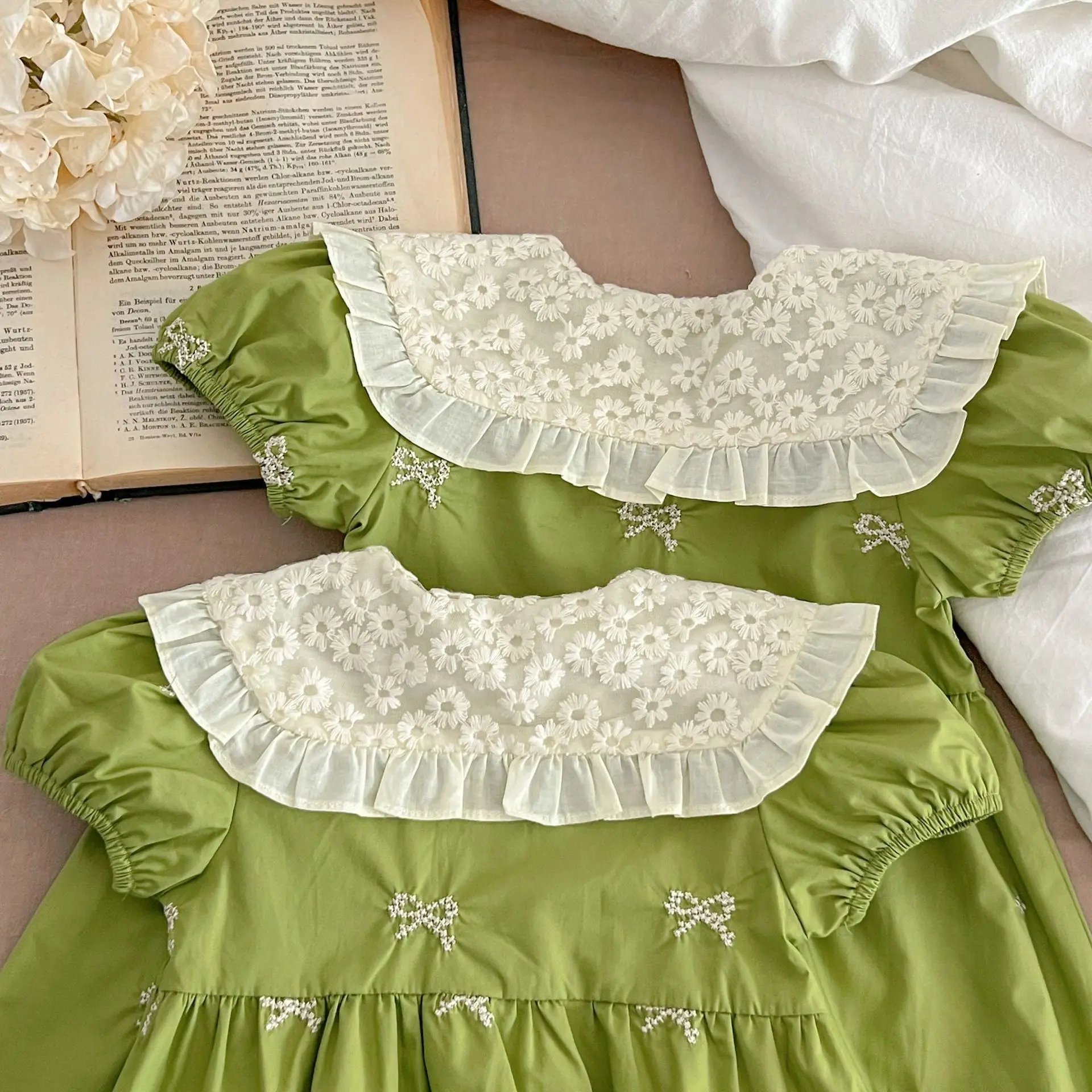 Summer Baby Girls Romper Dress Butterfly Collar Embroidery Princess Sister Matching Outfits Big Sister Little Sister Family Look - view 5