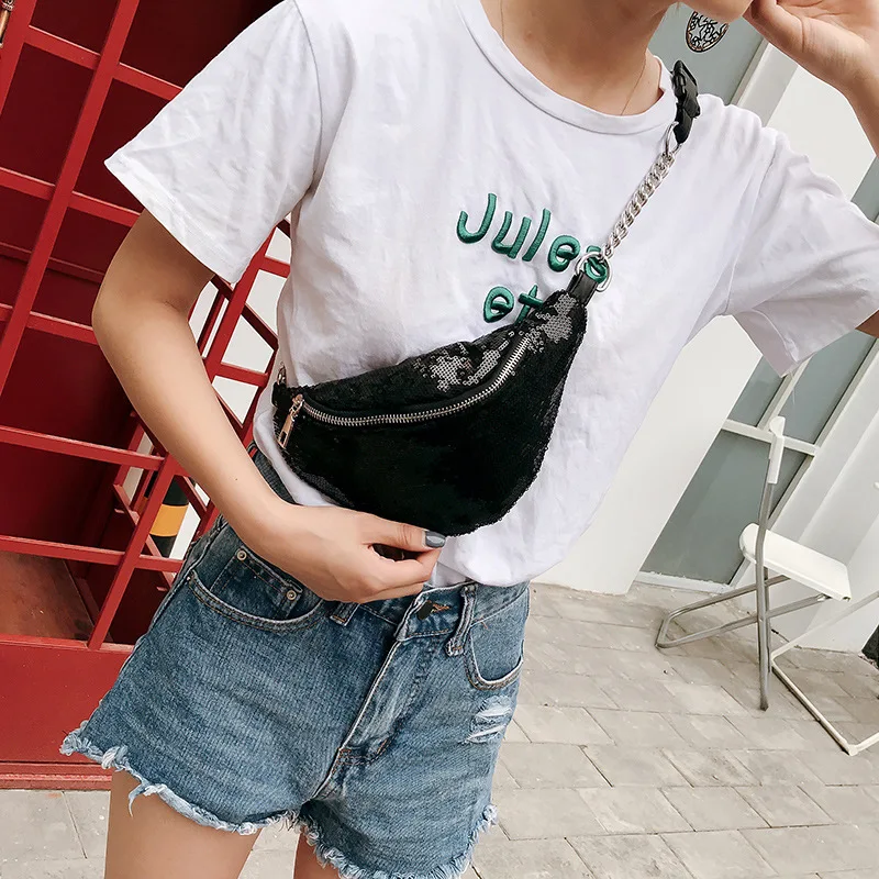 New Fashion Women Shoulder Bag Glitter Sequin Fanny Pack Leather Pouch Bum Belts Waist Bum Bag Travel Sport Pocket Purse