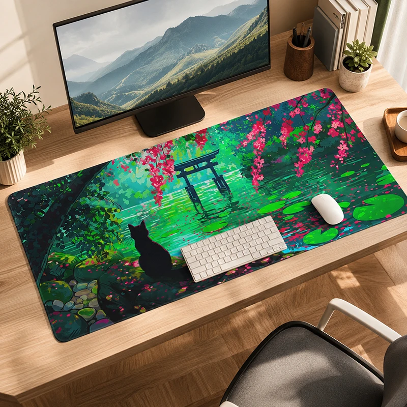 Enchanted Torii Black Cat XL Computer Large Home Mousepad XXL Mechanical Keyboard Pad Office Soft Natural Rubber Mouse Mats