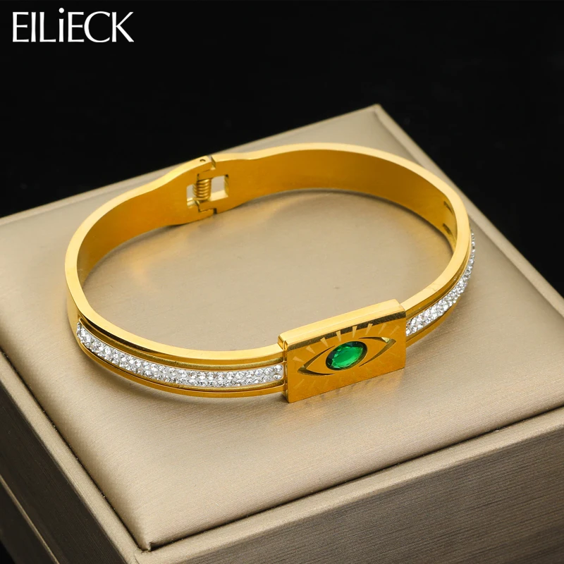 EILIECK 316L Stainless Steel Eye Green Zircon Bangles Bracelet For Women Girl Fashion Gold Color High Quality Waterproof Jewelry