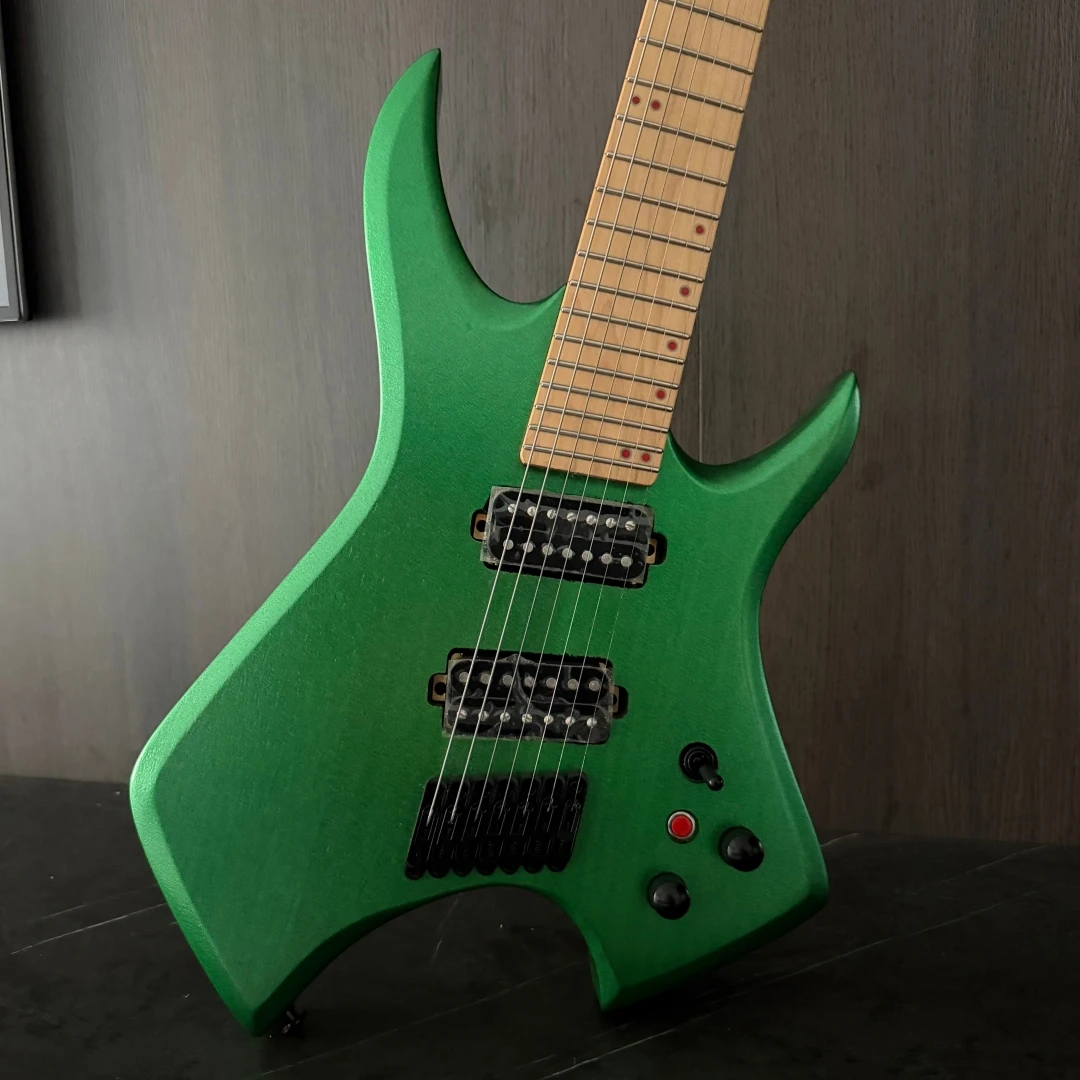 7 String Electric Guitar, Modern Aggressive Shape Matte Metallic Green Solid Body, Dual Humbucker Pickups